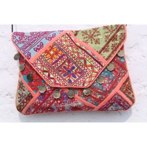 Bolso de mano indio Rajasthani hecho a mano con bordados, estilo casual Banjara, cierre abierto, cadenas, patchwork y espejos, para la noche. - Product Image 2