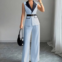 Ensemble décontracté 2 pièces été 2026 pour femme : veste sans manches taille haute et pantalon long en polyester
