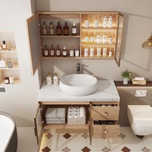 Wooden colored rock slab countertop basin intelligent <b>mirror</b> cabinet <b>wall</b> mounted bathroom cabinet - Product Image 6