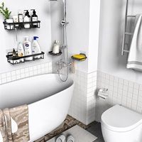 Lot de 4 étagères de douche droites avec drain ouvert, porte-savon et crochets, en métal noir, fixation murale, ensemble de rangement pour salle de bain
