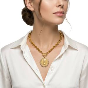 Collana con Medaglione Moneta Elisabetta in Acciaio Inossidabile 316L <span class=keywords><strong>per</strong></span> Donna, Placcata Oro 18K PVD, Impermeabile, Antiossidante, con Chiusura a Moschettone OT - Product Image 1