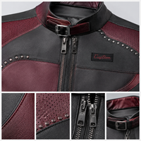 Blouson de motard personnalisé pour homme en cuir PU bordeaux color block clouté, style vegan, punk, OEM ODM, vente en gros, vêtements d'extérieur