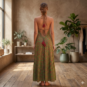 Vestido Maxi Halter con Estampado Floral Verde, Cuello en V, Estilo Boho, Sin Mangas, Corte en A, Holgado, Informal de Otoño, Tejido de Rayón Ecológico con Borlas - Product Image 4