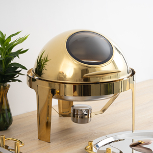 Lujoso plato de frotamiento con tapa de rollo dorado, juego de buffet redondo con tapa de vidrio, calentador de alimentos elegante, decoración dorada, equipo de catering - Product Image 1