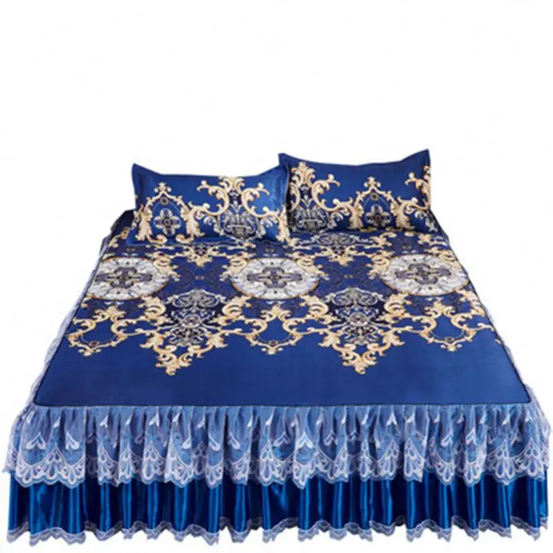 Conjunto de ropa de cama de seda de hielo, conjunto de tres piezas, alfombrilla de encaje, sábana y fundas de almohada, S0378, nuevo