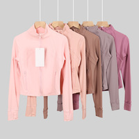 Jaket Slim Fit Profesional Wanita Kerah Tegak Resleting Depan untuk Lari, Olahraga, Fitness, Pakaian Luar, Yoga, Bahan Stretch