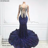 Ocstrade Robes de bal élégantes à manches en maille à une épaule Robes de bal maxi à paillettes en cristal à manches longues