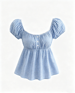 Blue and <b>White</b> Gingham Peplum Women Blouse Square Neck Puff Short Sleeve Button Front Summer Shirt - Product Image 2