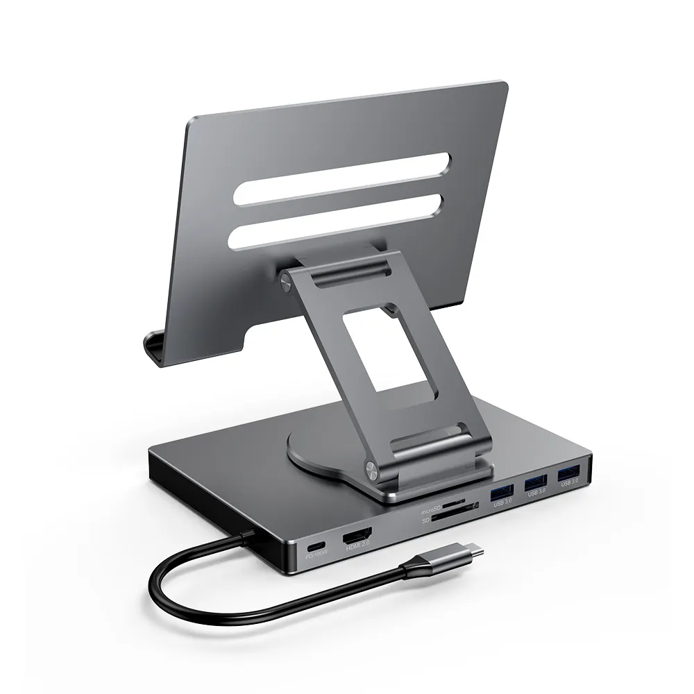 Nova estação de acoplamento 8 em 1 USB-C com suporte de alumínio dobrável para tablet com hub USB C para iPad Pro