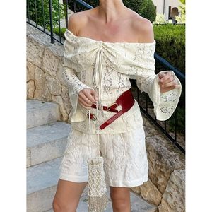 Lace Off Shoulder <b>Bell</b> Sleeve Crop Top Women Back Zipper Sheer Layer Y2K Party Holiday Wear - Product Image 6