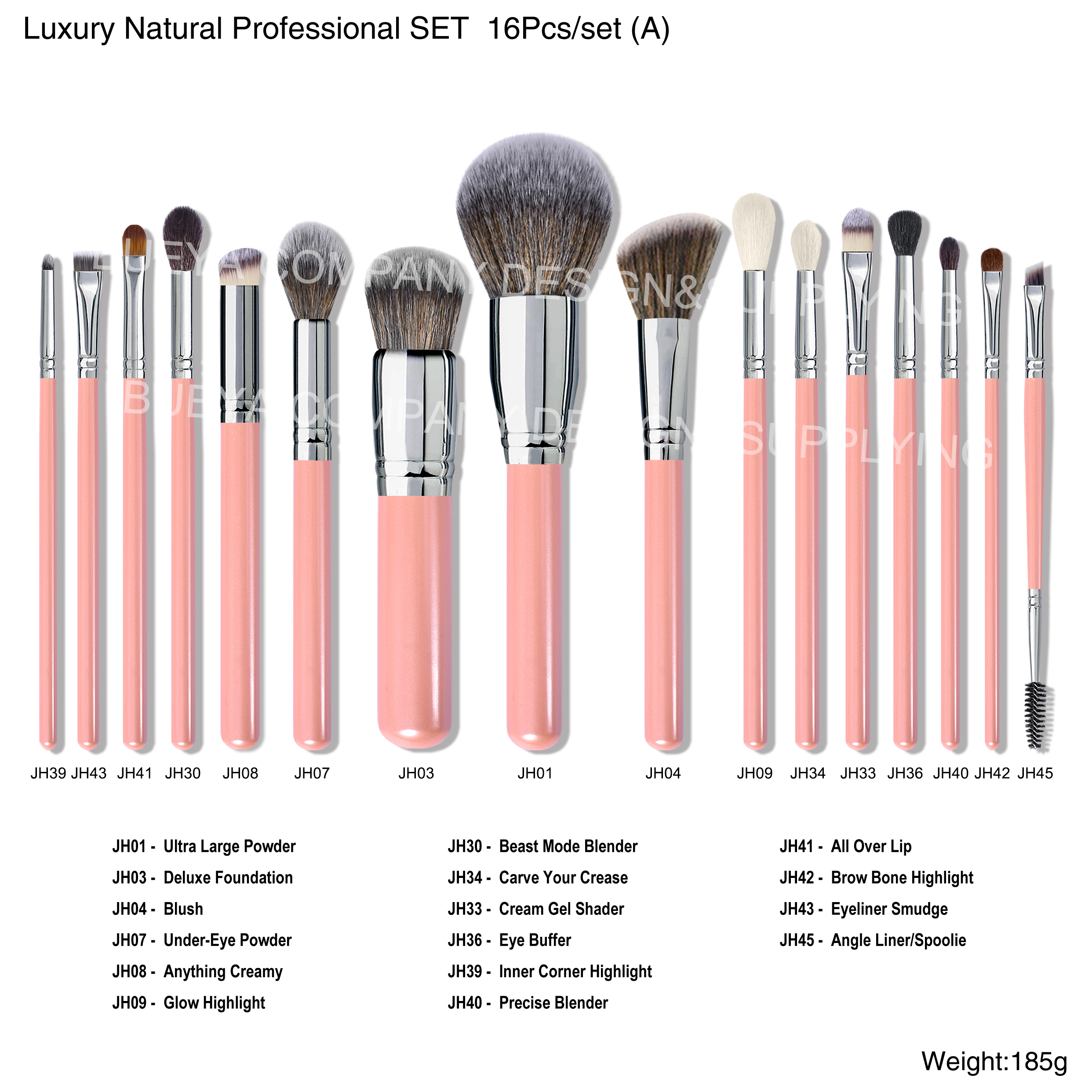 16pcs Rose Mnatural brosse à cheveux ensemble (sac en plastique) pas de logo