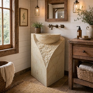 Poulars - Lavabo de Pedestal de Lujo para Montar en la Pared, de Piedra Natural y Artificial, para Lavado de Manos, Sofitel, Beige, Mármol - Product Image 1