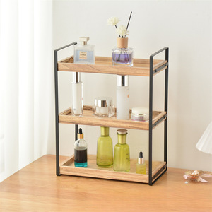 Organizador de cosméticos de madera de tres niveles, estante de almacenamiento de escritorio, combinación de hierro y madera, organizador de maquillaje de 3 pisos - Product Image 2