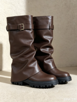 Bottes hautes à bout rond avec boucle et semelle épaisse, marron, pour femme, automne-hiver, style urbain, OEM ODM