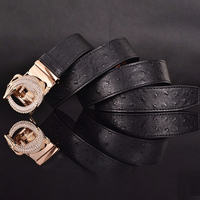 Ceinture en cuir véritable pour homme à motif autruche avec boucle automatique à cliquet en strass et crocodile, ceinture automatique en cuir de vachette ornée de cristaux