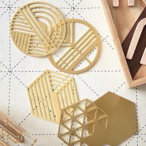 Brass Geometric <b>Coaster</b> Hexagon Round Heat Insulating Mat For <b>Table</b> Decorative Ornament Photography Prop - Product Image 1