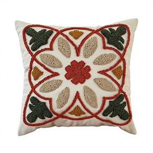 ITHL Bohemian Square <b>Throw</b> Pillow Floral Embroidery Cotton Beige <b>Red</b> Green Pattern Hand Washable Non-Toxic Customizable - Product Image 1