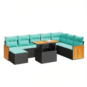 Set Divano da Esterno in Polyrattan Nero e Acacia con Cuscini, Arredamento da Giardino, Posti a Sedere per 10 Persone, Design Contemporaneo - Product Image 1