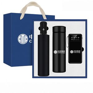 Ensemble cadeau personnalisé pour promotion d'entreprise : bouteille d'eau en acier inoxydable, batterie externe, parapluie, design moderne - Product Image 3