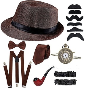 Disfraz de Cosplay de El Gran Gatsby, Conjunto de Accesorios de Gánster de los Años 20 <span class=keywords><strong>para</strong></span> Hombre - Sombrero Fedora, <span class=keywords><strong>Tirantes</strong></span>, Brazaletes, Corbata de Moño - Product Image 3