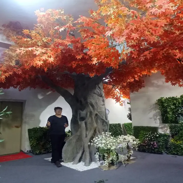 Simula árvore de bordo artificial para decoração, plantas falsas em tamanho pequeno personalizado, folhas vermelhas amarelas e vermelhas para decoração de interiores