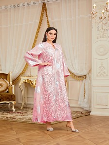 New Muslim Women <b>Abaya</b> <b>Dresses</b> Dubai Style Flare Sleeve Elegant Polyester A-Line Floor-Length Lightweight Satin Fabric Natural - Product Image 4
