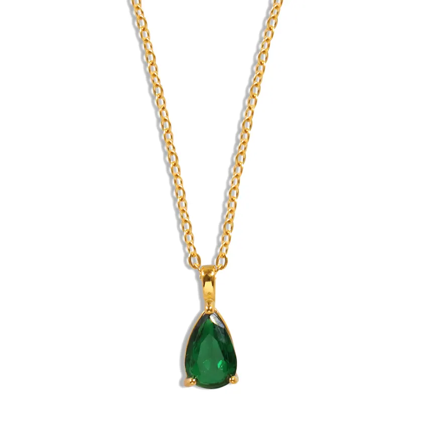 Waterproof Jewelry Drop Necklace 18K Gold Plated Stainless Steel Emerald Green Natural Stone Pendant Necklace Jewelry