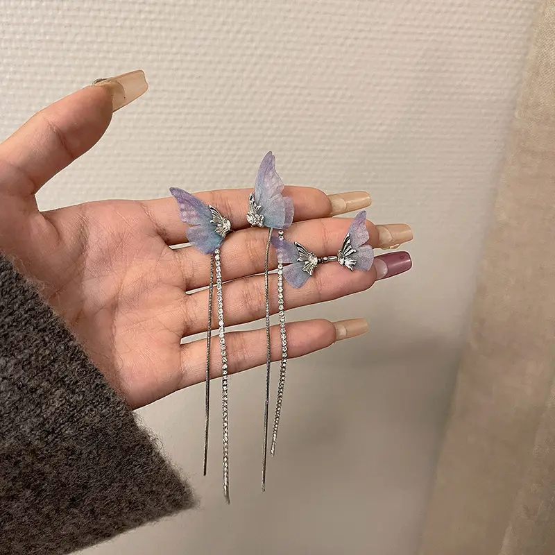 New Trendy Design Traum Schmetterling Mesh Strass Ohrclip Temperament Anhänger Ohrringe Schmuck für Frauen