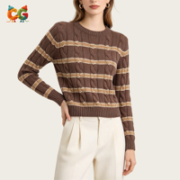 Pull en tricot décontracté pour femmes, rayé, 100% coton, col rond, manches longues, style vintage, automne-hiver, OEM ODM, vente en gros, usine