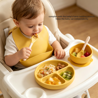 Ensemble de vaisselle pour bébé en silicone 5 pièces avec design personnalisé, assiette, bavoir, bol, cuillère, fourchette, tasse, ensemble d'alimentation pour bébé en silicone