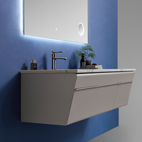 Meuble-lavabo minimaliste moderne à fermeture en douceur avec charnière et simple vasque en céramique avec miroir LED