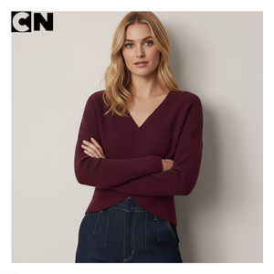 Pull-over certifié BSCI avec logo personnalisé d'usine Pull-over rouge côtelé pour femme avec broderie jacquard Nouveau design pour l'automne et l'hiver - Product Image 2