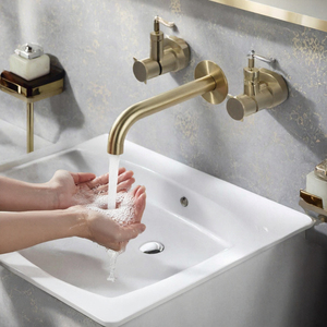 Robinet de lavabo mural encastré moderne, mitigeur monocommande en SUS304 avec cartouche céramique, finition or brossé pour salle de bain - Product Image 3