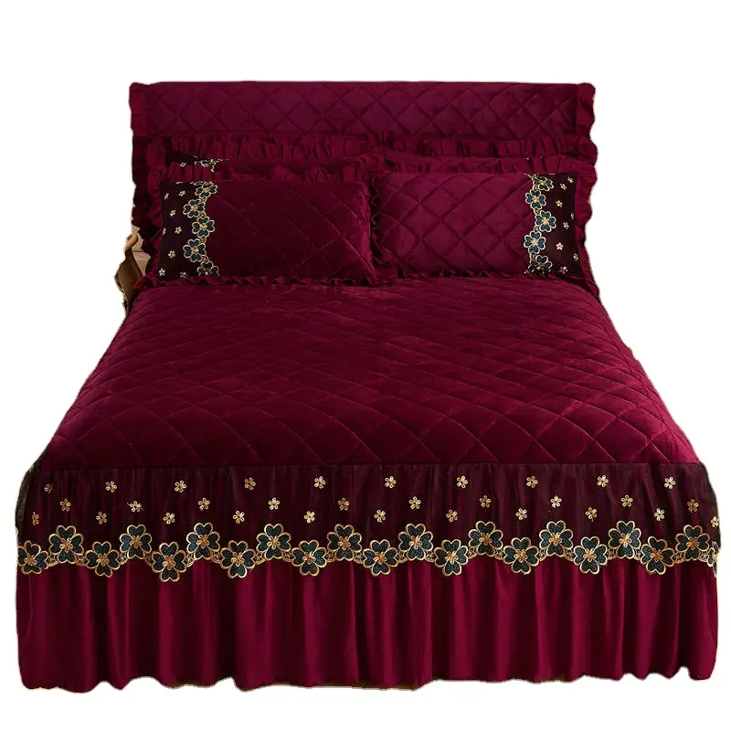 American style red velvet cotton embroidered quilted bed covers for bridal room embroidery curtain bedding set