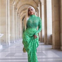 Nouvelle Collection Été 2026 – Ensemble 2 Pièces Imprimé en Maille : Haut à Col Montant et Manches Longues, Jupe Longue Moulante Froncée – Robe Élégante Verte