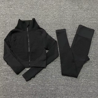 Ensemble de sport 2 pièces en tricot sans couture Yoke : Leggings taille haute et haut à manches longues pour femme – Tenue de yoga et de gym