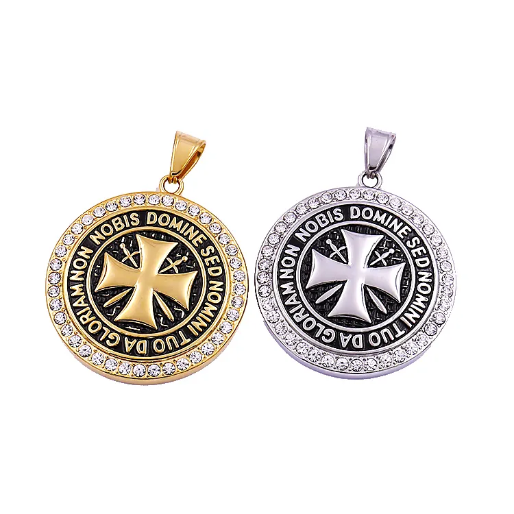 Trendy Stainless Steel Pendant Gold Coin Crystal Diamond Statement Necklace Cross Jewelry Iced Out Pendant For Man