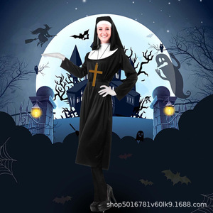 Disfraz de monja para mujer adulta, vestido negro con cruz y velo, disfraz de Halloween - Product Image 2