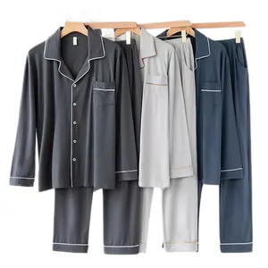 Özel Logo bambu Ultra yumuşak uzun kollu artı boyutu Set gece elbisesi erkekler için pijama