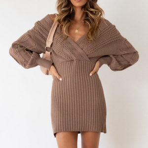 Vestido de punto con cuello en V y espalda descubierta, vestido ajustado de cintura alta, vestido tipo suéter para mujer, otoño invierno, color sólido, tallas SMLXL - Product Image 1
