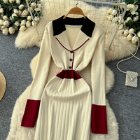 Robe midi décontractée pour femmes, élégante, à blocs de couleur, tricotée, à manches longues, à col à revers, boutonnée, plissée, pour tous les jours