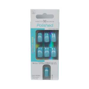 Fabricante OEM ODM, Uñas Postizas Azules Premium Pretty Woman, Forma Almendrada, Longitud Media, Estampado Dorado, Uñas Postizas con Brillo Pulido - Product Image 4