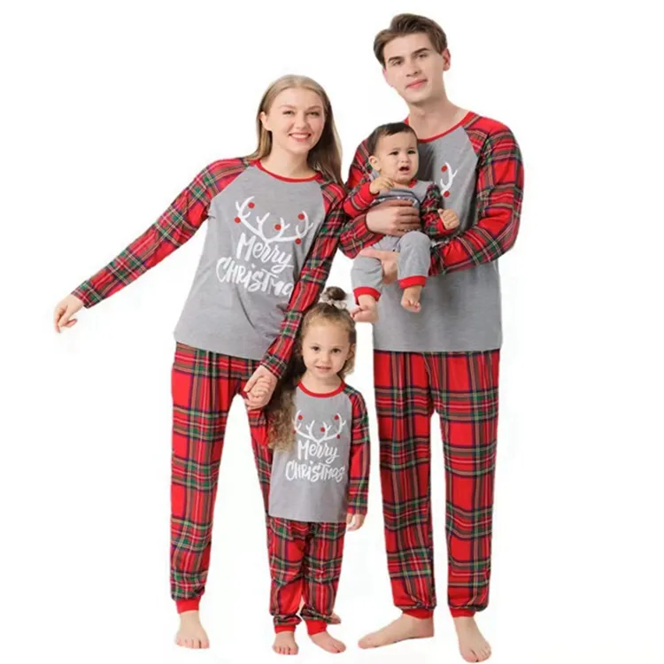 Großhandel Winter Familie passende Nachtwäsche Set Kinder Männer Frauen Plaid Frohe Weihnachten Pyjama