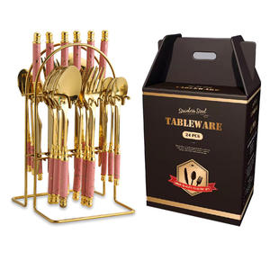 <b>Golden</b> <b>Cutlery</b> <b>Set</b> With Black Marble Handle 24 Piece Western Dinnerware For Party Durable Stainless Steel Flatware - Product Image 2