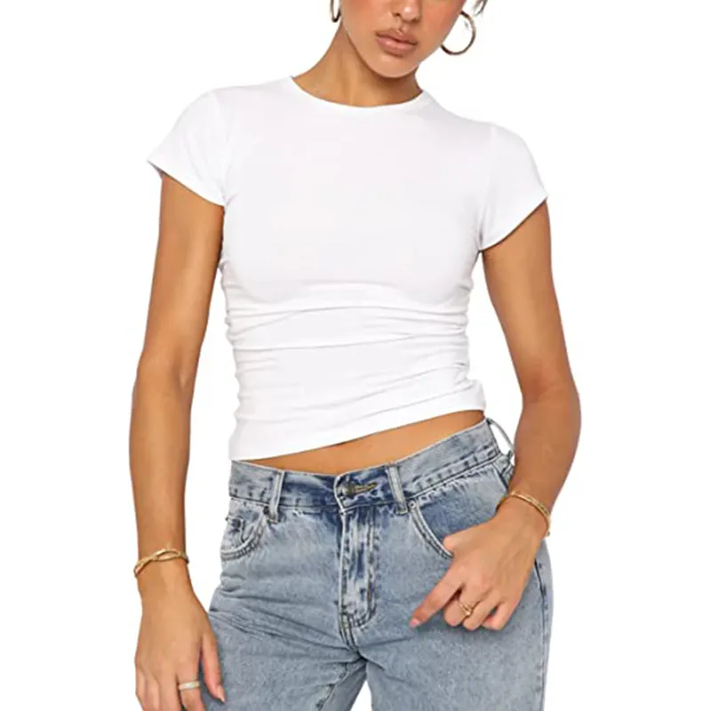 Women's Solid Basic Cropped T-Shirt Round Neck Short Sleeve Slim Fit Causal Crop Tee Tops