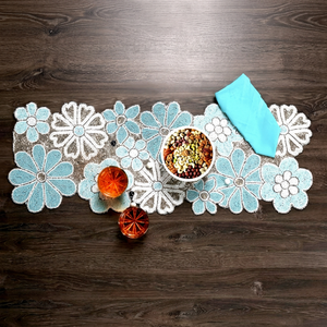 Embroidered Floral <b>Table</b> <b>Runner</b> Cotton Classic Home Decor Washable Blue White Pattern - Product Image 1