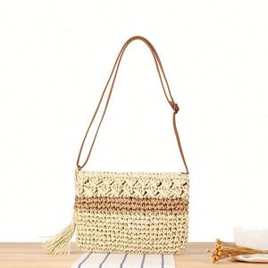 Vintage Women's Hand Woven Summer Straw Bag Mixed Color Flow Crossbody Beach Handbag for Holidays - Product Image 1