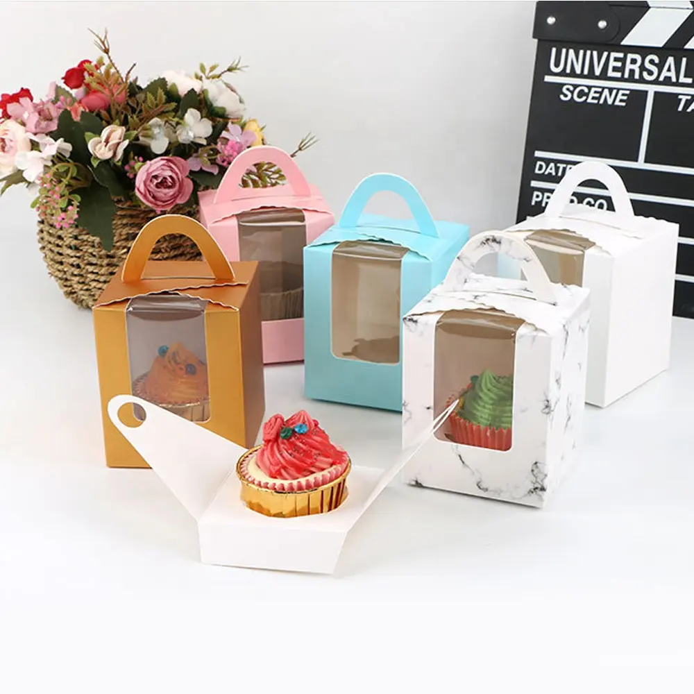 Şeffaf pencere katlama 1 delik taşınabilir Muffin kutusu Cupcake kupası kek kağıt ambalaj kollu kutu