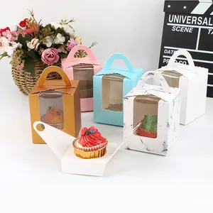 Transparant Venster Vouwen 1 Gaten Draagbare Muffin Doos Cupcake Cup Cake Papier Verpakking Doos Met Handvat