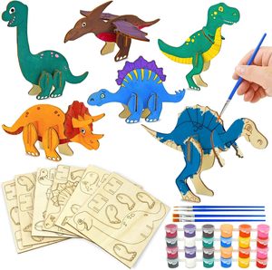งานฝีมือไดโนเสาร์ไม้สำหรับเด็ก - ชุดระบายสี DIY 3 มิติ พร้อมไดโนเสาร์ 6 ตัว แปรงและสี กิจกรรมสำหรับเด็กก่อนวัยเรียนและของขวัญ - Product Image 1